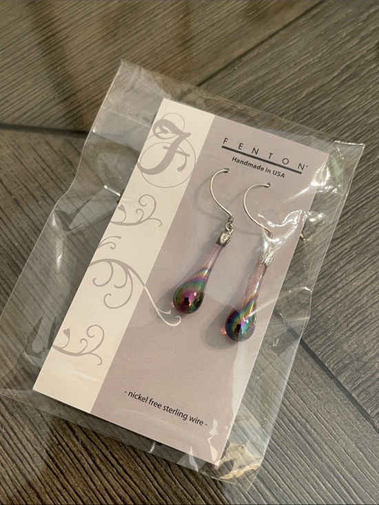 Fenton Jewelry - FENTON Carnival Art Glass Tear Drop Earrings Iridescent .925 Sterling Wire NWT
